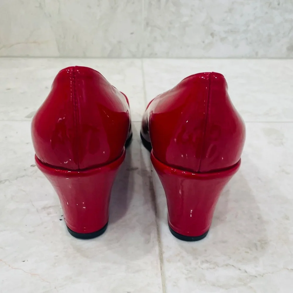TARYN ROSE {39.5} Red Wedge Patent Leather Peep Toe Candy Apple Red 